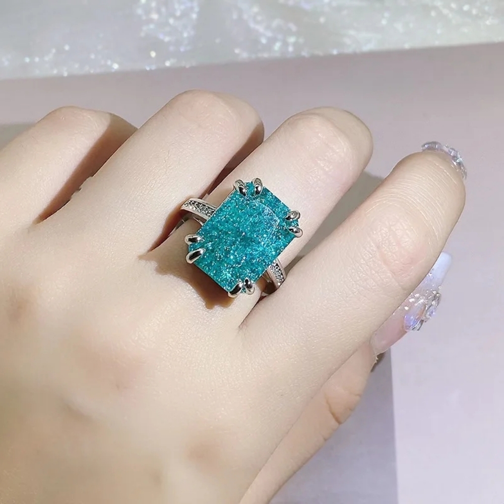 🩵Sterling silver teal diamond ring - Picture 3 of 5